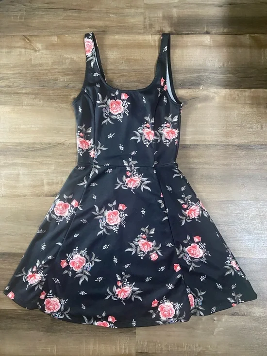 Black Floral A-Line Dress with Pink Rose Print - Picture 1 of 7